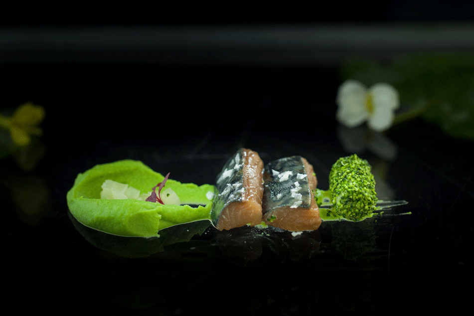 Un sugerente y bellisimo plato: verdel marinado con tuétano de brócoli