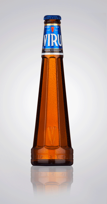 La original botella octoédrica de la cerveza Viru