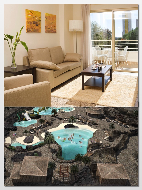 En la imagen de arriba, habitación del P&V Benidorm Poniente. En la de abajo, la piscina-cráter del P&V Village Club Fuerteventura 