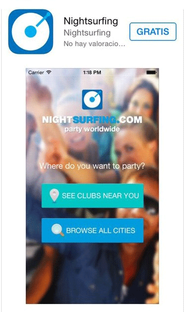 Pantalla de la app Nightsurfing.com