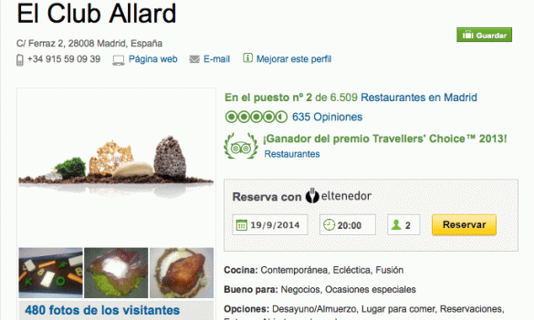 Opción de reserva de restaurante en Tripadvisor