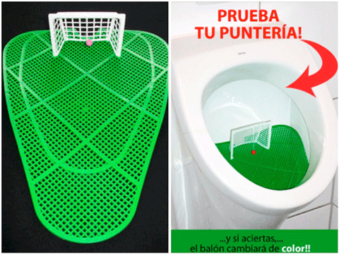 Una rejilla futbolera para el urinario que reta a meter gol 