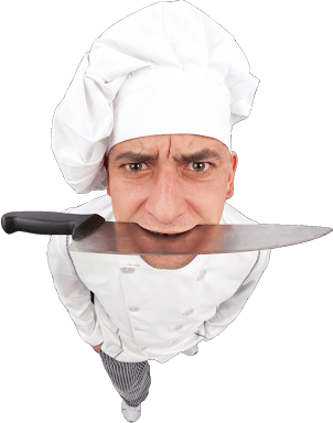 Chef con un cuchillo en la boca