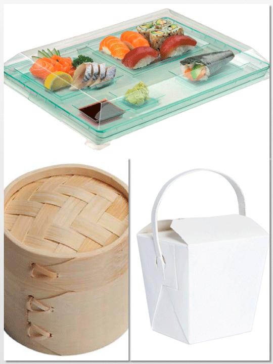 Bandeja de sushi, mini vaporera y caja de noodles