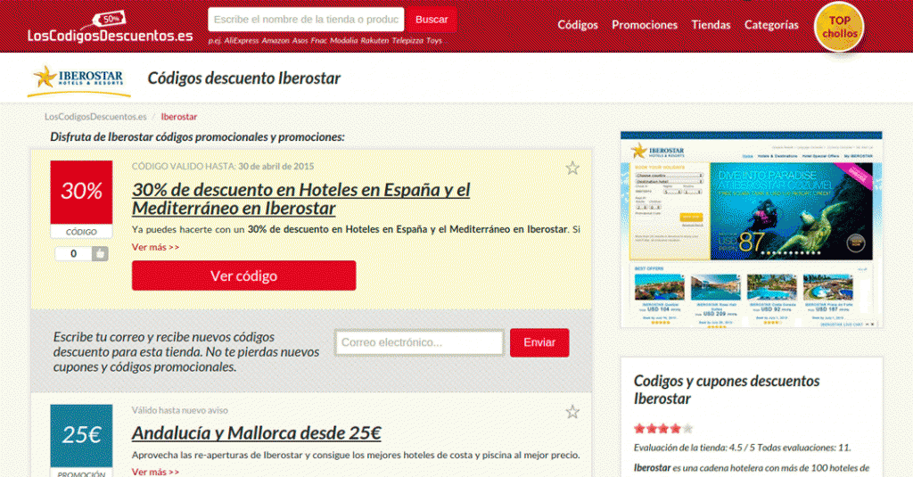 Ejemplo de un código descuento de Iberostar en la web LosCodigosDescuentos.es