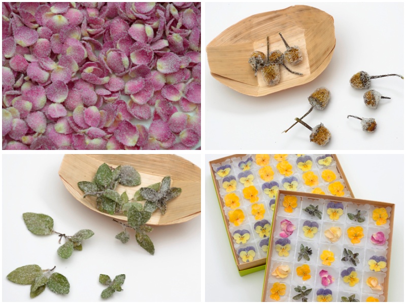 Pétalos, flores y hojas cristalizadas: de rosa de pitiminí, eléctrica y brotes de menta, además de cajas surtidas