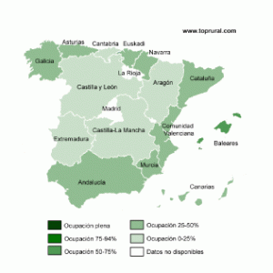 Mapa de la ocupación del turismo rural en julio (Toprural).