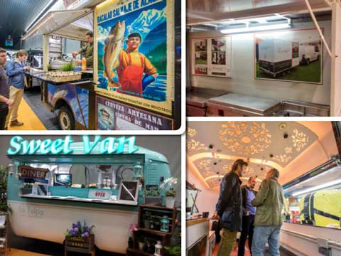 Food trucks de Irrintzi (bacalao y salmón de Alaska), cocina móvil de Mineko, caravana de Sweet Van y la oficina sobre ruedas de RoadBox