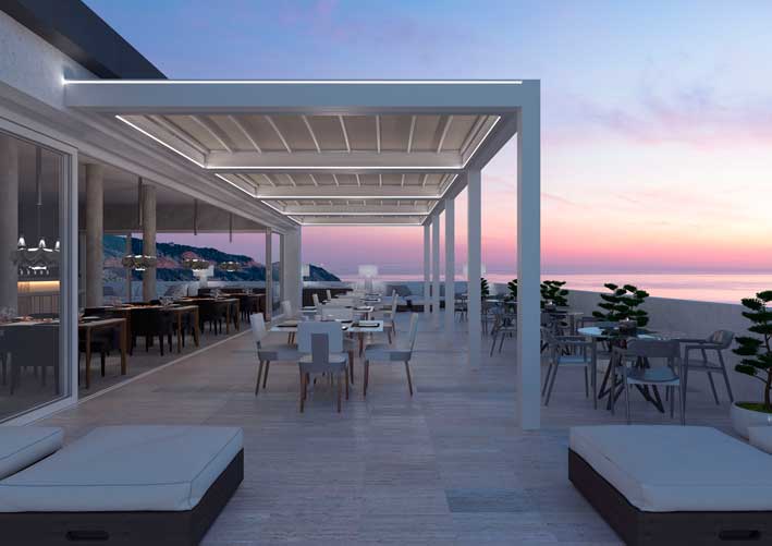 Pérgola Isola 3 en terraza, con iluminación integrada
