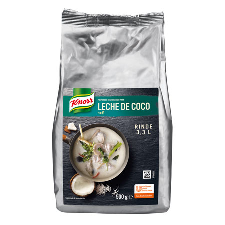 La Leche de coco Knorr se presenta deshidratada, en bolsa de 500 g