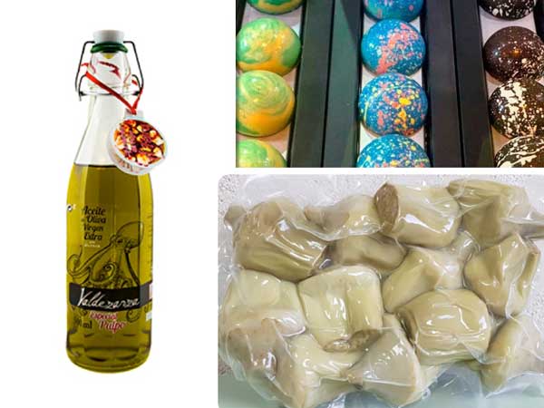 Los tres productos ganadores de los VII Premios Salón de Gourmets: el aceite para pulpo de Valdezarza, los bombones pintados a mano de Belenguer y los corazones de alcachofa de Vehortu