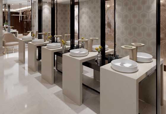 Profesionalhoreca, Baño de hotel con Concept3 en acabado dorado, grifería Nofer